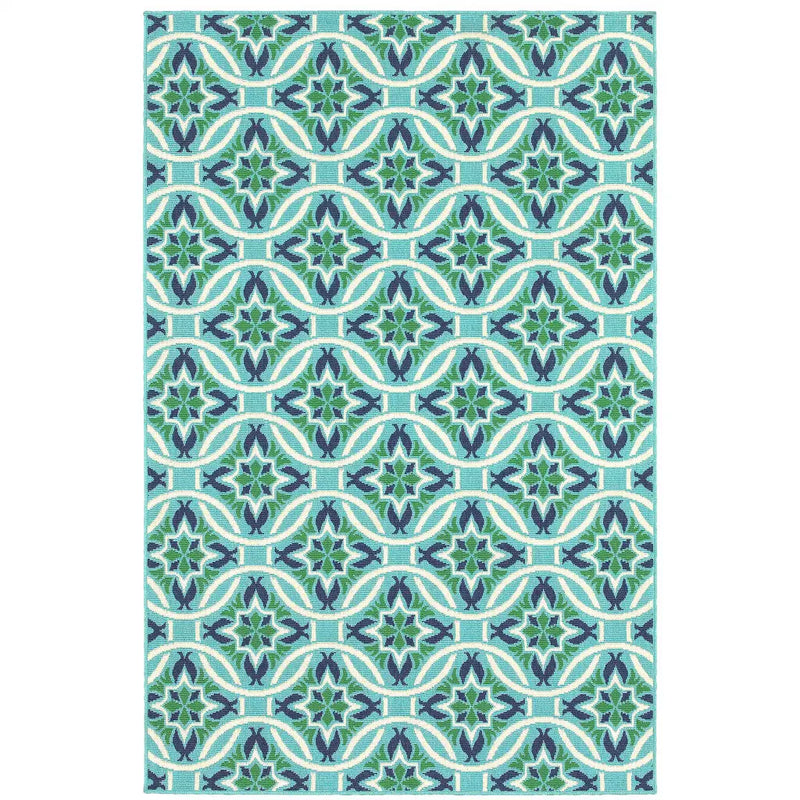 7' X 10' Blue and Green Geometric Stain Resistant Indoor Outdoor Area Rug Homeroots Outdoor