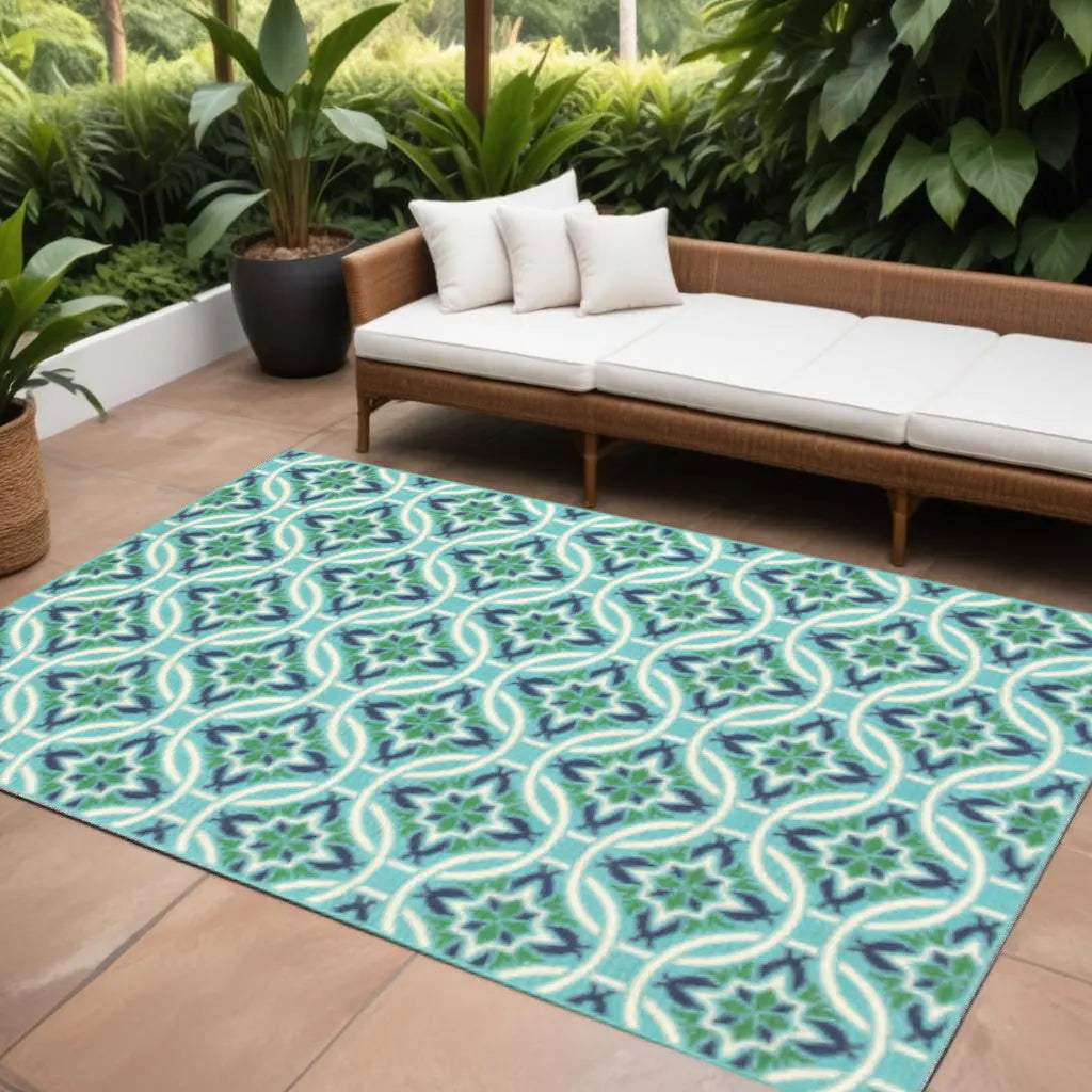 7' X 10' Blue and Green Geometric Stain Resistant Indoor Outdoor Area Rug Homeroots Outdoor
