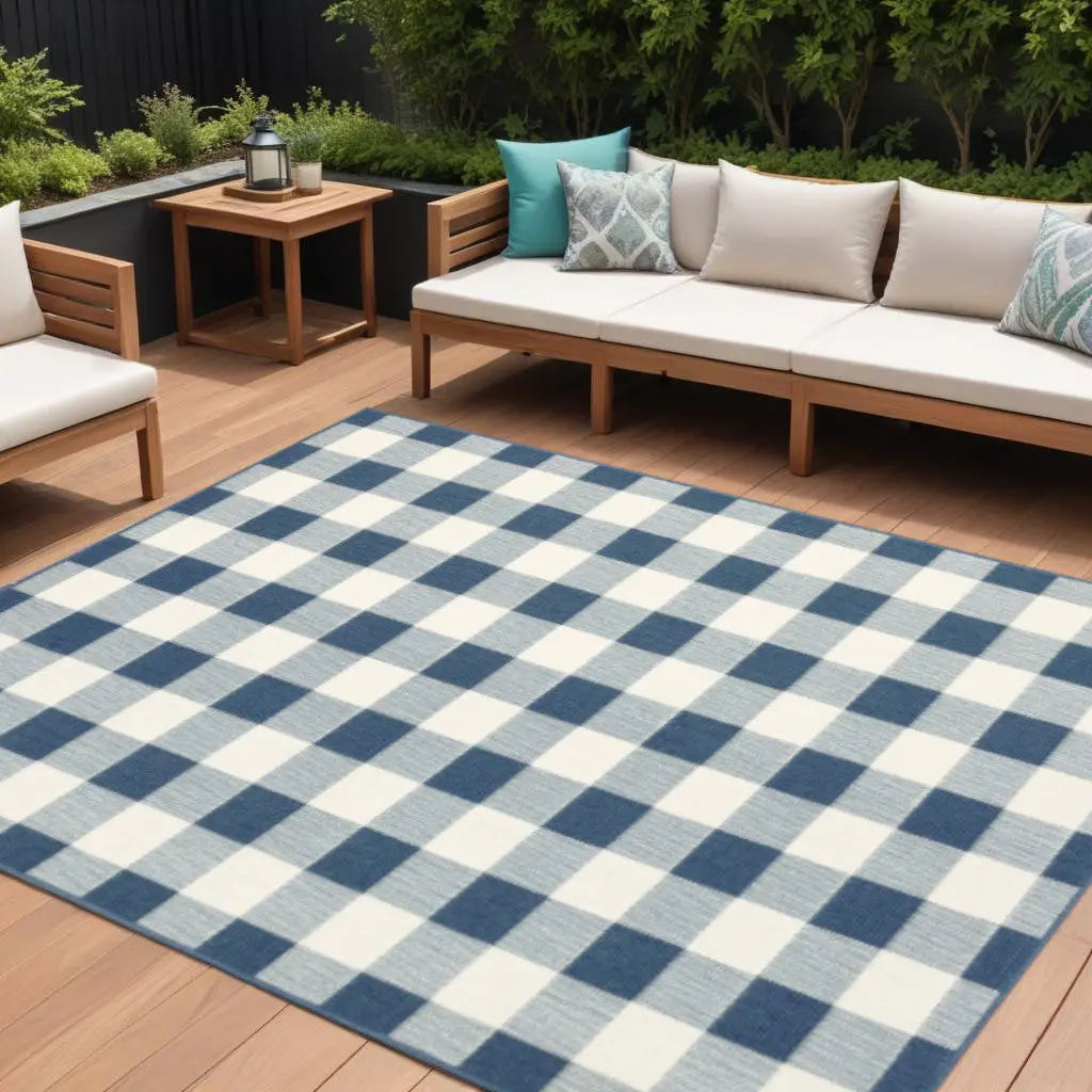 7' X 10' Blue and Ivory Geometric Stain Resistant Indoor Outdoor Area Rug Homeroots Outdoor