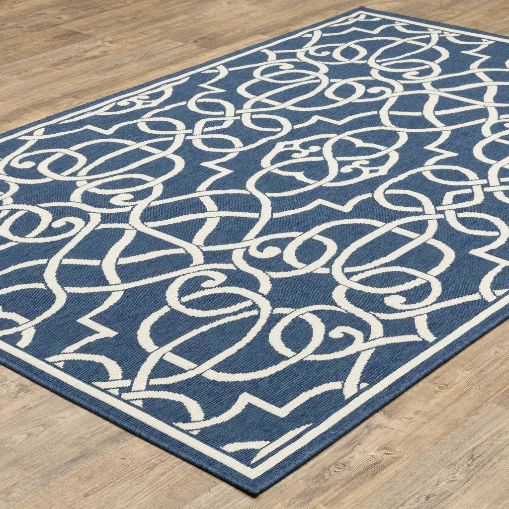 7' X 10' Blue and Ivory Geometric Stain Resistant Indoor Outdoor Area Rug Homeroots Outdoor