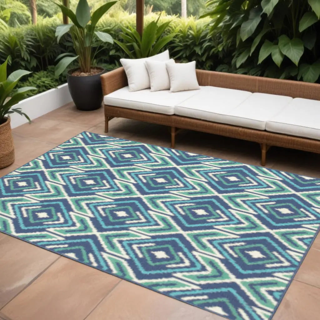 7' X 10' Blue and Ivory Geometric Stain Resistant Indoor Outdoor Area Rug Homeroots Outdoor