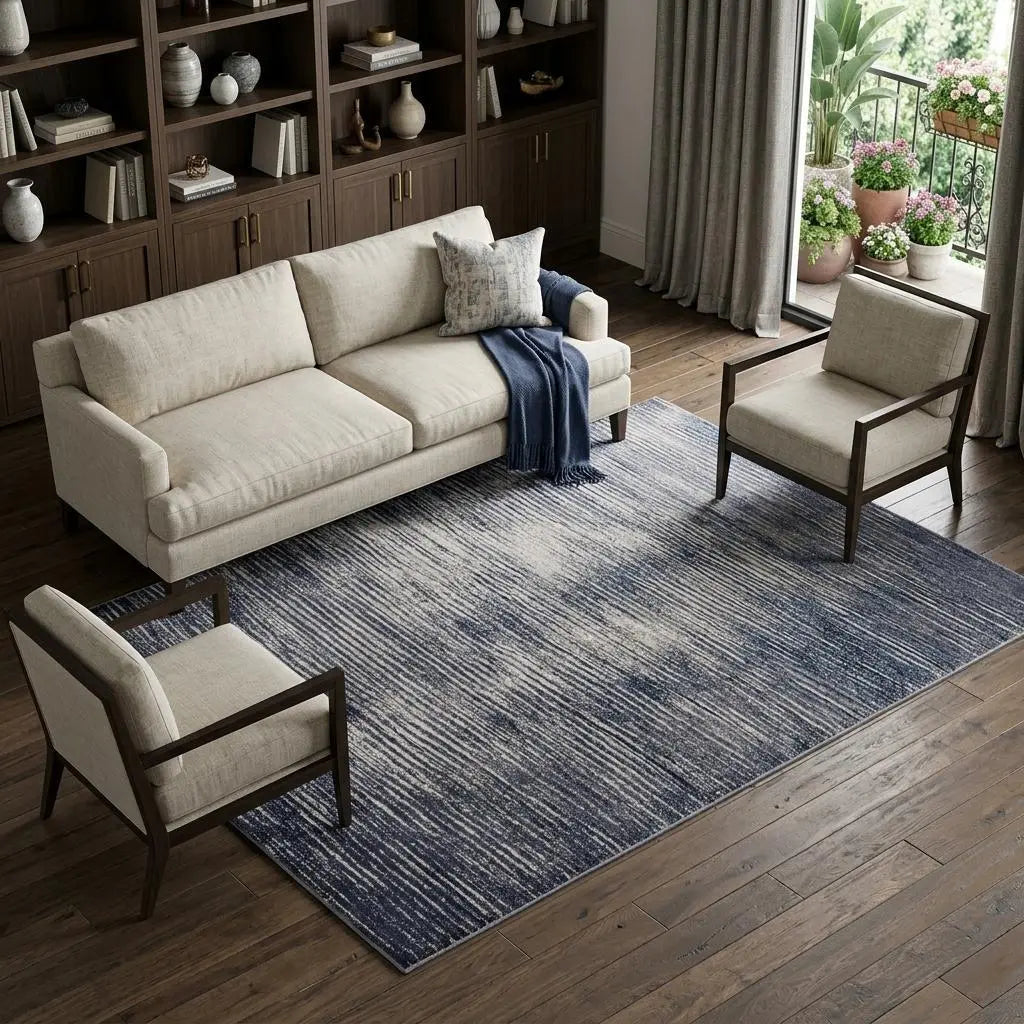7' X 10' Blue and Ivory Striped Power Loom Distressed Non Skid Area Rug Homeroots Home Decor