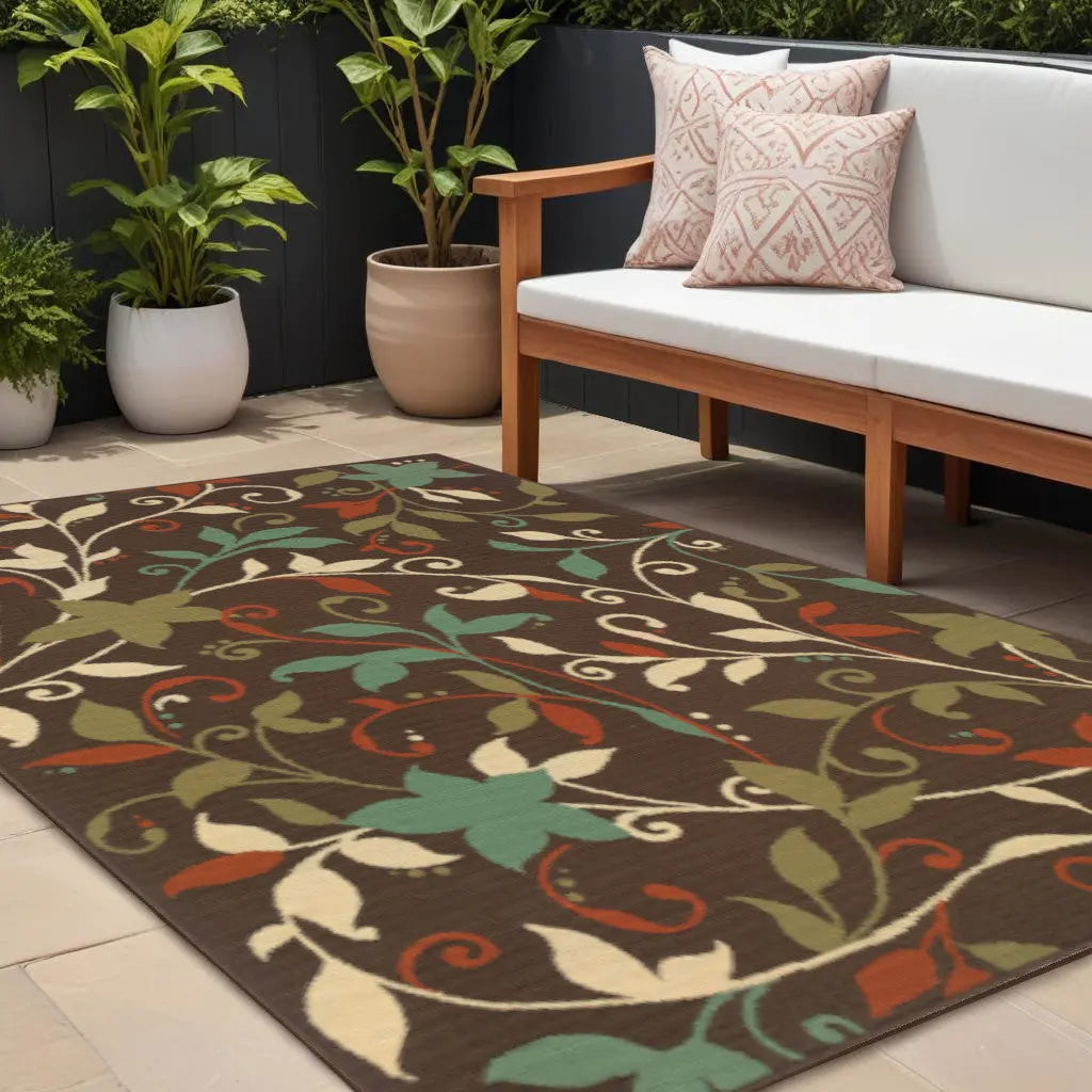 7' X 10' Brown Floral Stain Resistant Indoor Outdoor Area Rug Homeroots Outdoor