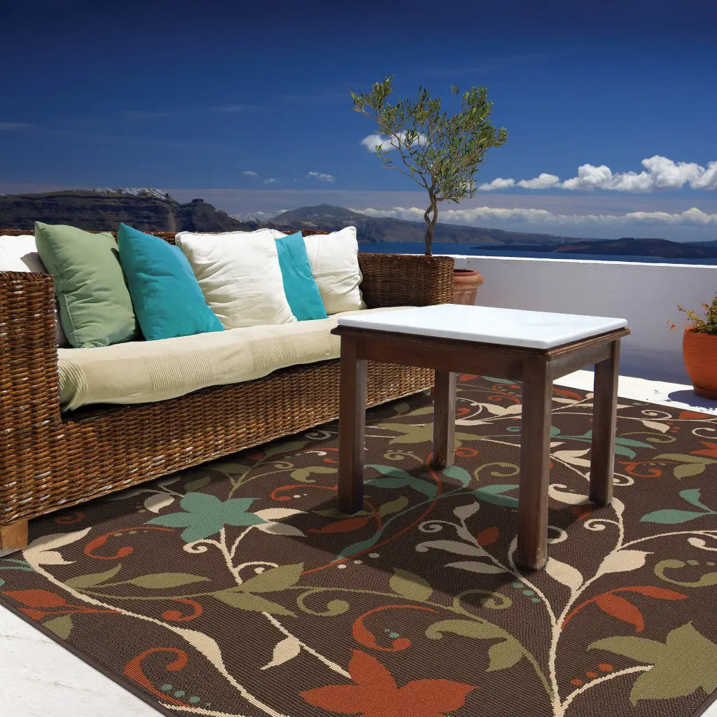 7' X 10' Brown Floral Stain Resistant Indoor Outdoor Area Rug Homeroots Outdoor