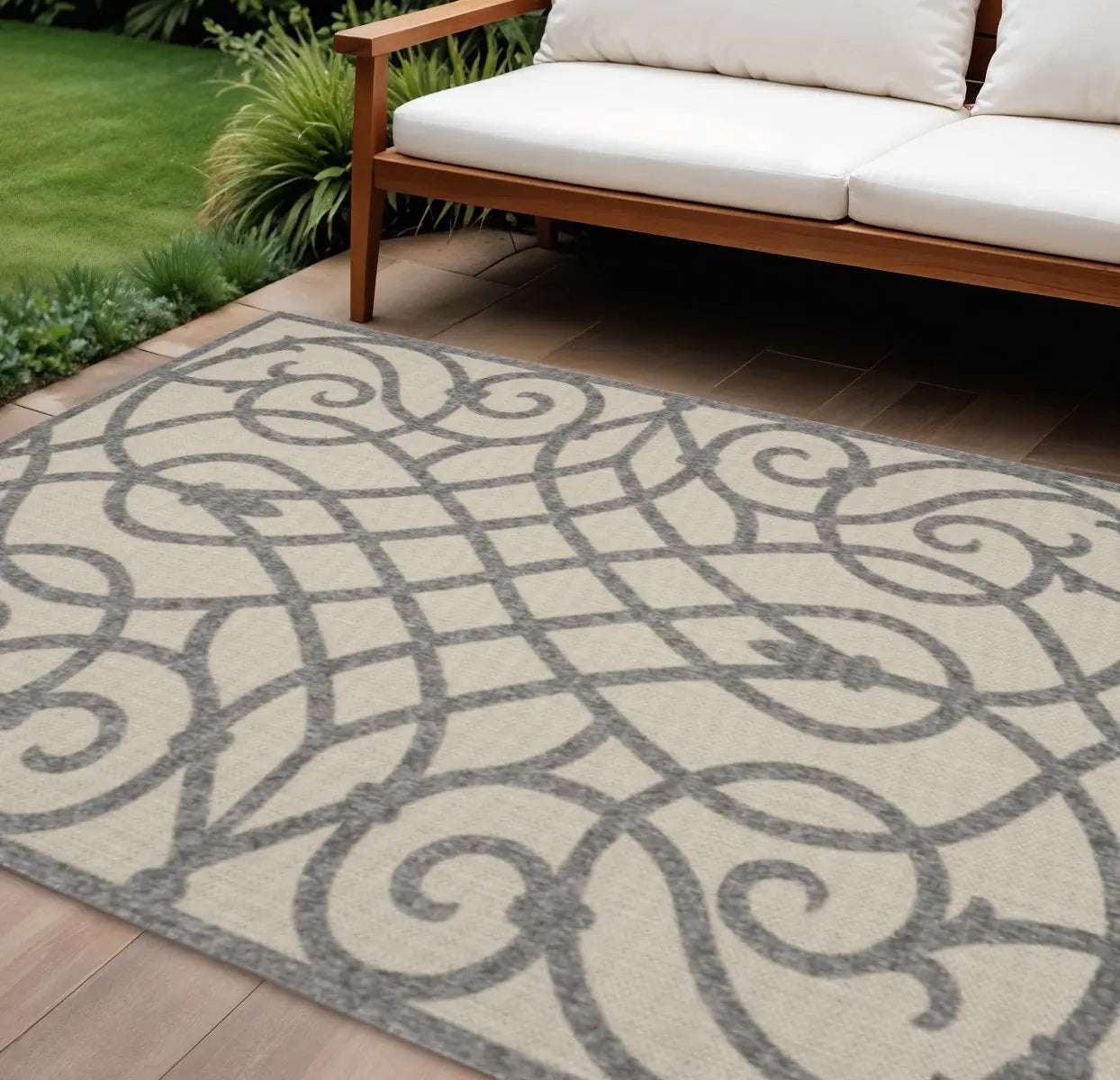 7' X 10' Cream And Gray Trellis Indoor Outdoor Area Rug Homeroots Outdoor