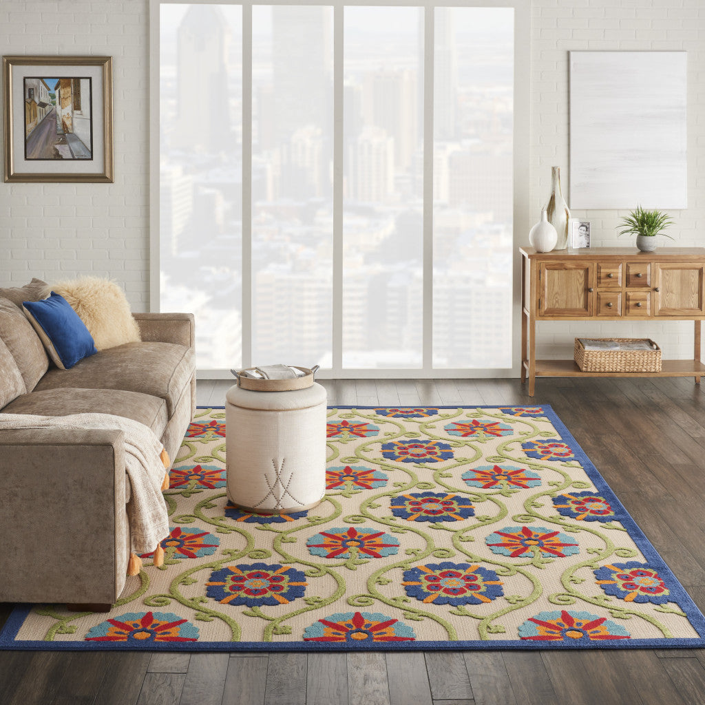 7' X 10' Ivory And Blue Indoor Outdoor Area Rug - GreatEagleInc