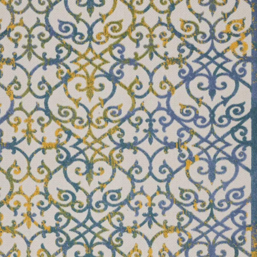 7' X 10' Ivory Blue And Yellow Trellis Indoor Outdoor Area Rug Homeroots Outdoor