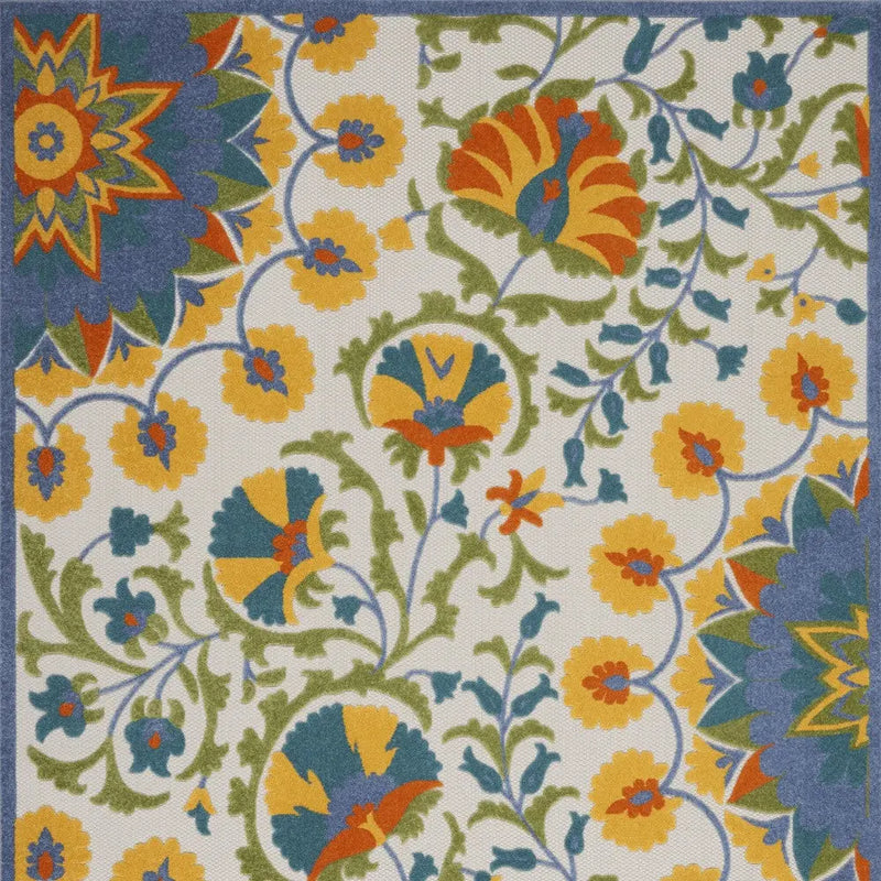 7' X 10' Ivory Blue Yellow And Orange Floral Indoor Outdoor Area Rug Homeroots Outdoor