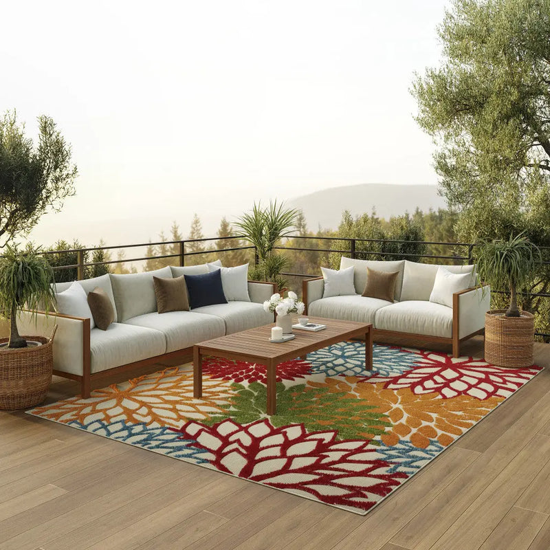 7' X 10' Ivory Green Blue Orange And Red Floral Indoor Outdoor Area Rug Homeroots Outdoor