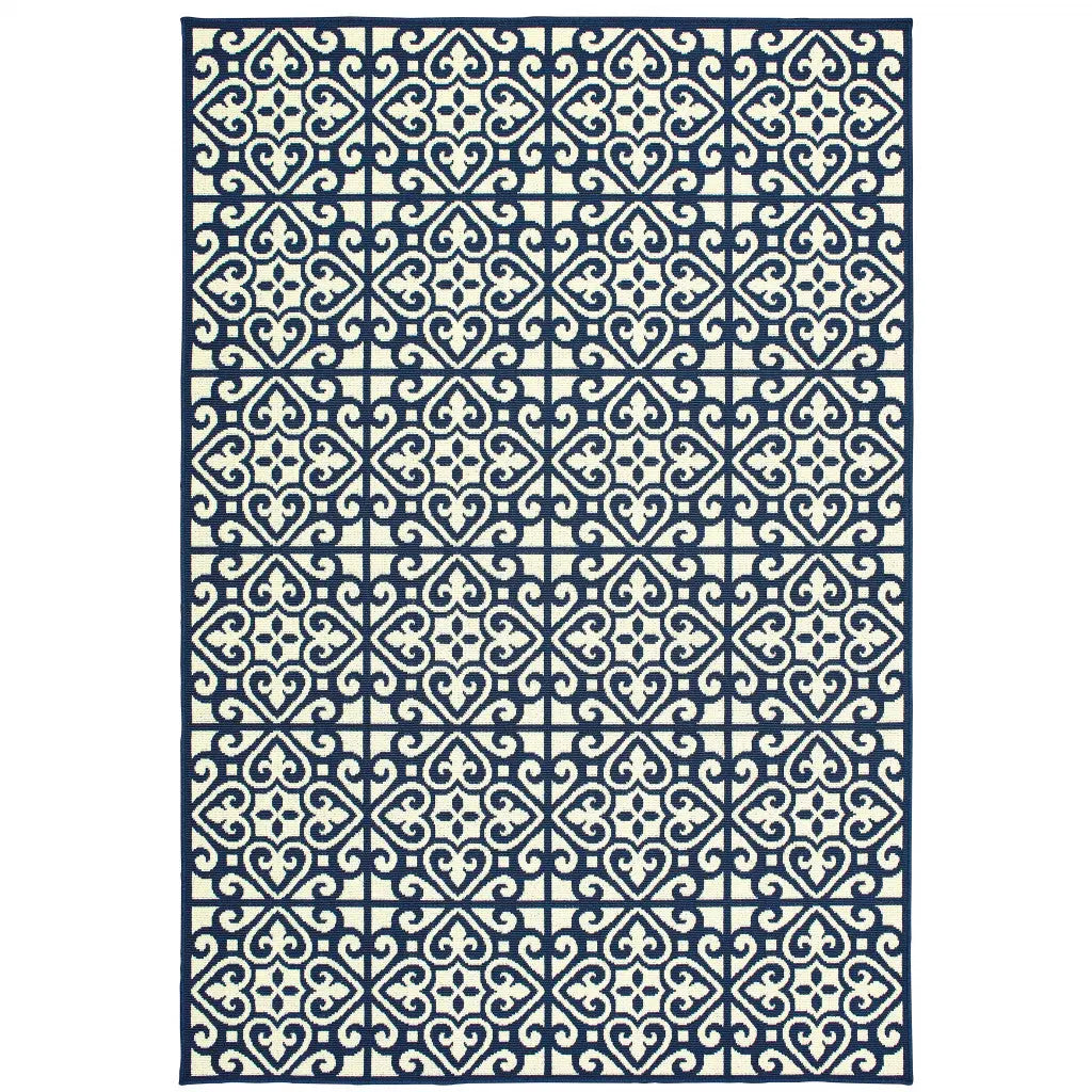 7' X 10' Ivory and Blue Geometric Stain Resistant Indoor Outdoor Area Rug Homeroots Outdoor