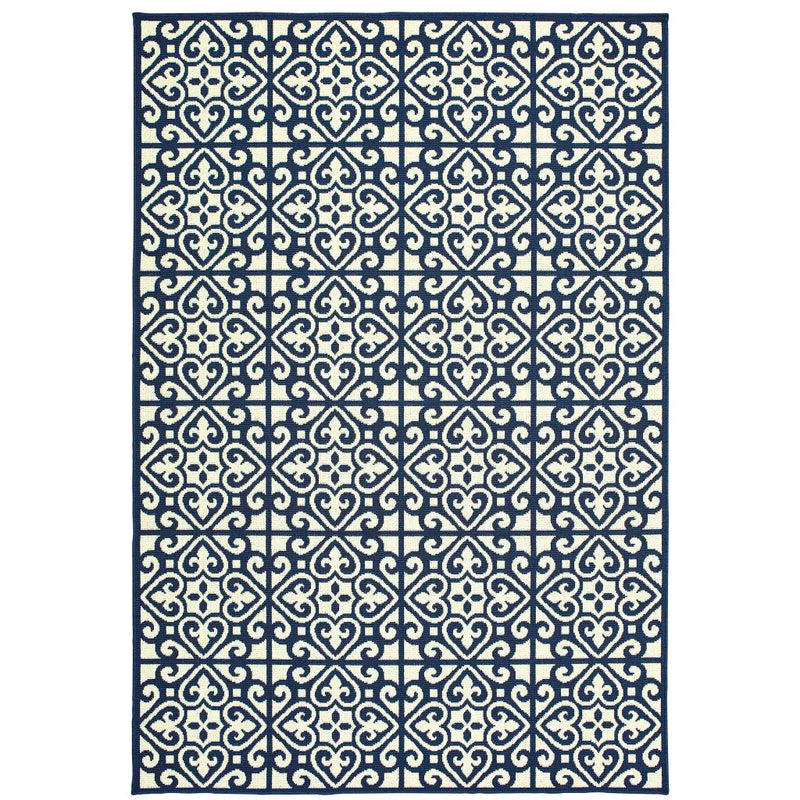 7' X 10' Ivory and Blue Geometric Stain Resistant Indoor Outdoor Area Rug Homeroots Outdoor