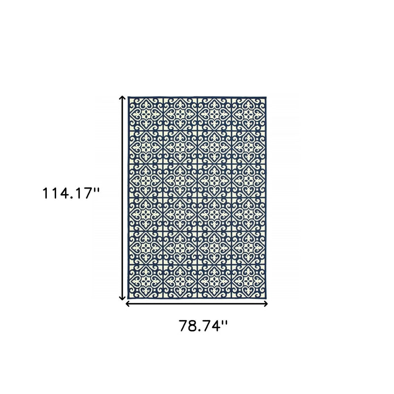 7' X 10' Ivory and Blue Geometric Stain Resistant Indoor Outdoor Area Rug Homeroots Outdoor