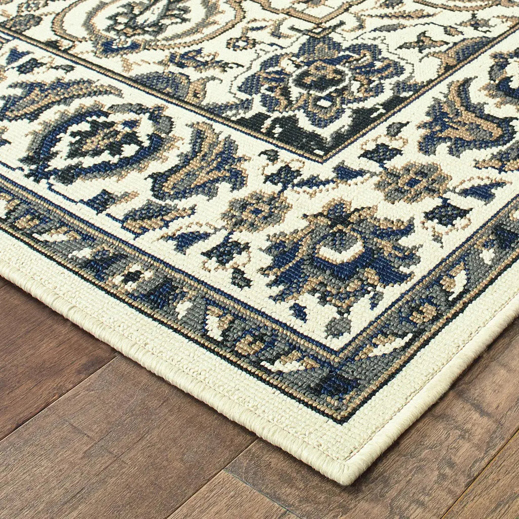 7' X 10' Ivory and Blue Oriental Stain Resistant Indoor Outdoor Area Rug Homeroots Outdoor