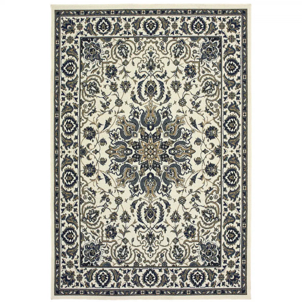 7' X 10' Ivory and Blue Oriental Stain Resistant Indoor Outdoor Area Rug Homeroots Outdoor