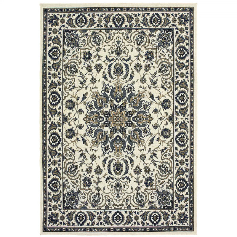 7' X 10' Ivory and Blue Oriental Stain Resistant Indoor Outdoor Area Rug Homeroots Outdoor