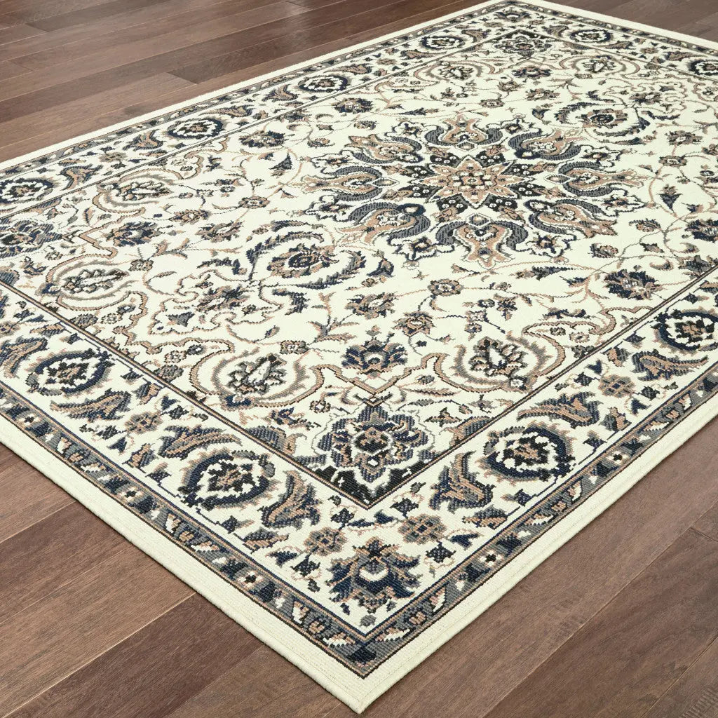 7' X 10' Ivory and Blue Oriental Stain Resistant Indoor Outdoor Area Rug Homeroots Outdoor