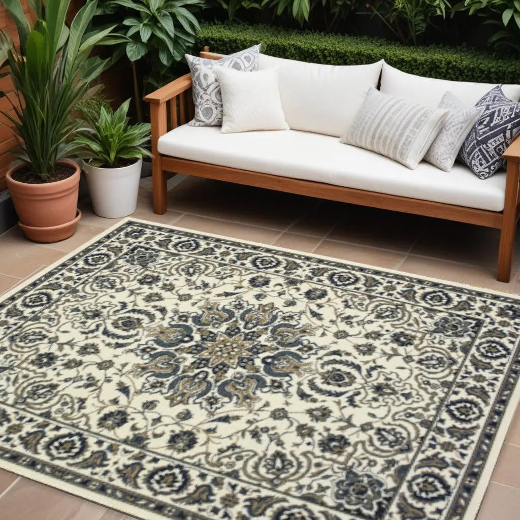 7' X 10' Ivory and Blue Oriental Stain Resistant Indoor Outdoor Area Rug Homeroots Outdoor