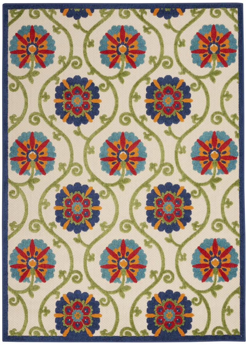 7' X 10' Navy Blue Beige Green Blue And Red Floral Indoor Outdoor Area Rug Homeroots Outdoor
