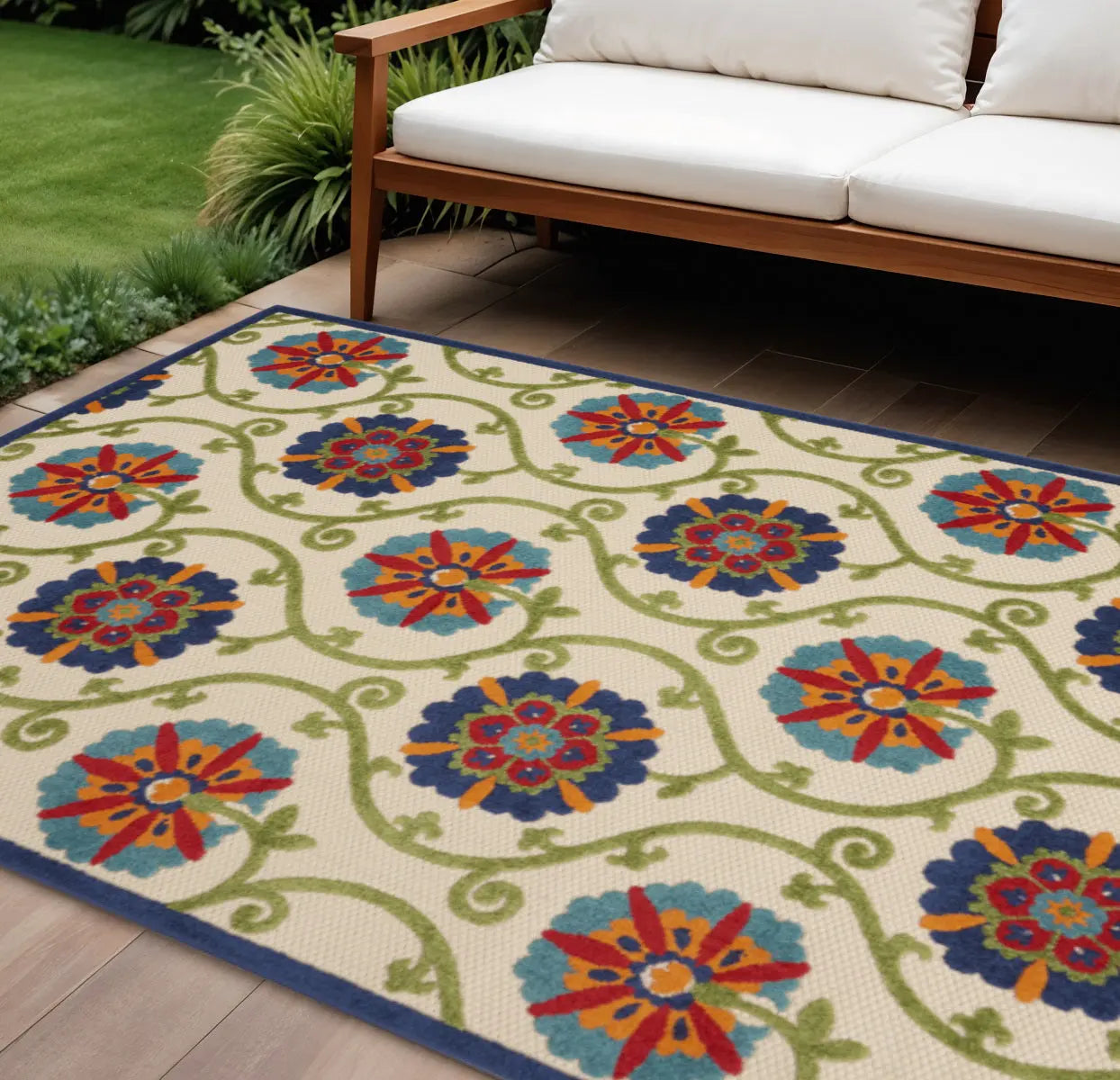 7' X 10' Navy Blue Beige Green Blue And Red Floral Indoor Outdoor Area Rug Homeroots Outdoor