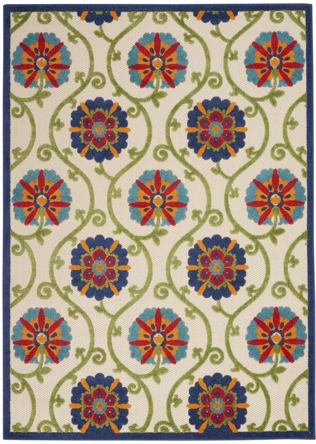 7' X 10' Navy Blue Beige Green Blue And Red Floral Indoor Outdoor Area Rug Homeroots Outdoor