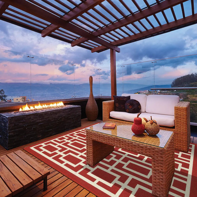7' X 10' Red and Ivory Geometric Stain Resistant Indoor Outdoor Area Rug Homeroots Outdoor