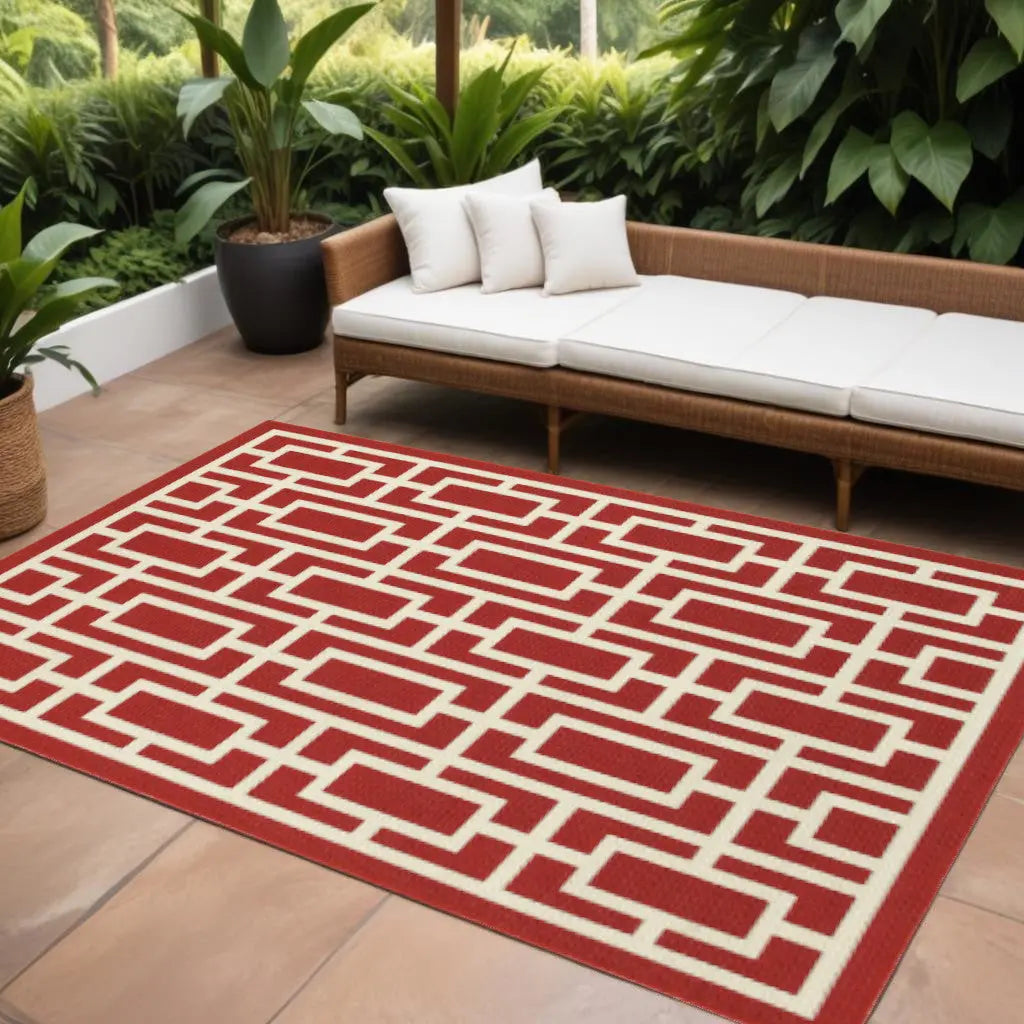 7' X 10' Red and Ivory Geometric Stain Resistant Indoor Outdoor Area Rug Homeroots Outdoor