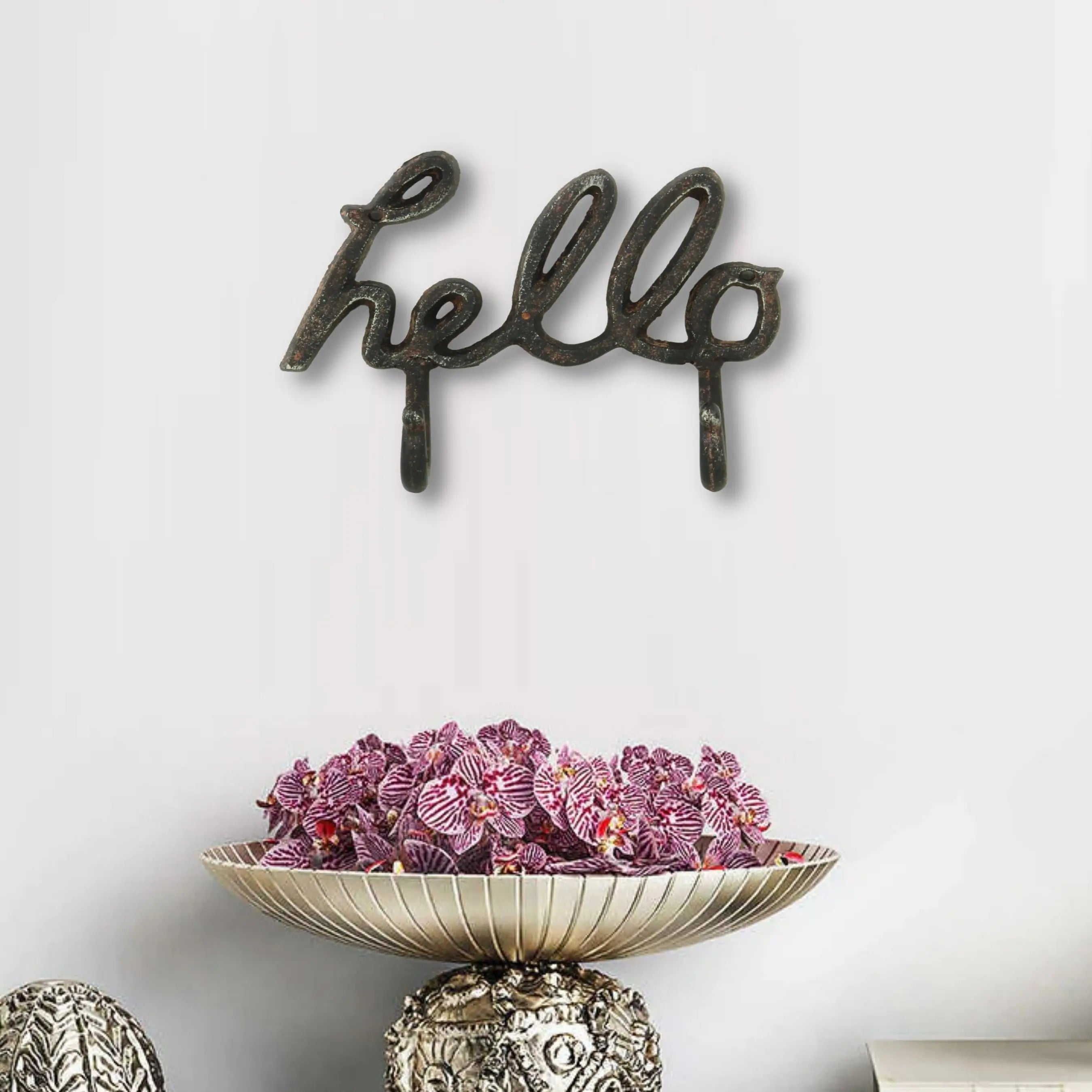 7" X 7" Black Handcrafted Hello Metal With Hooks Homeroots Home Decor