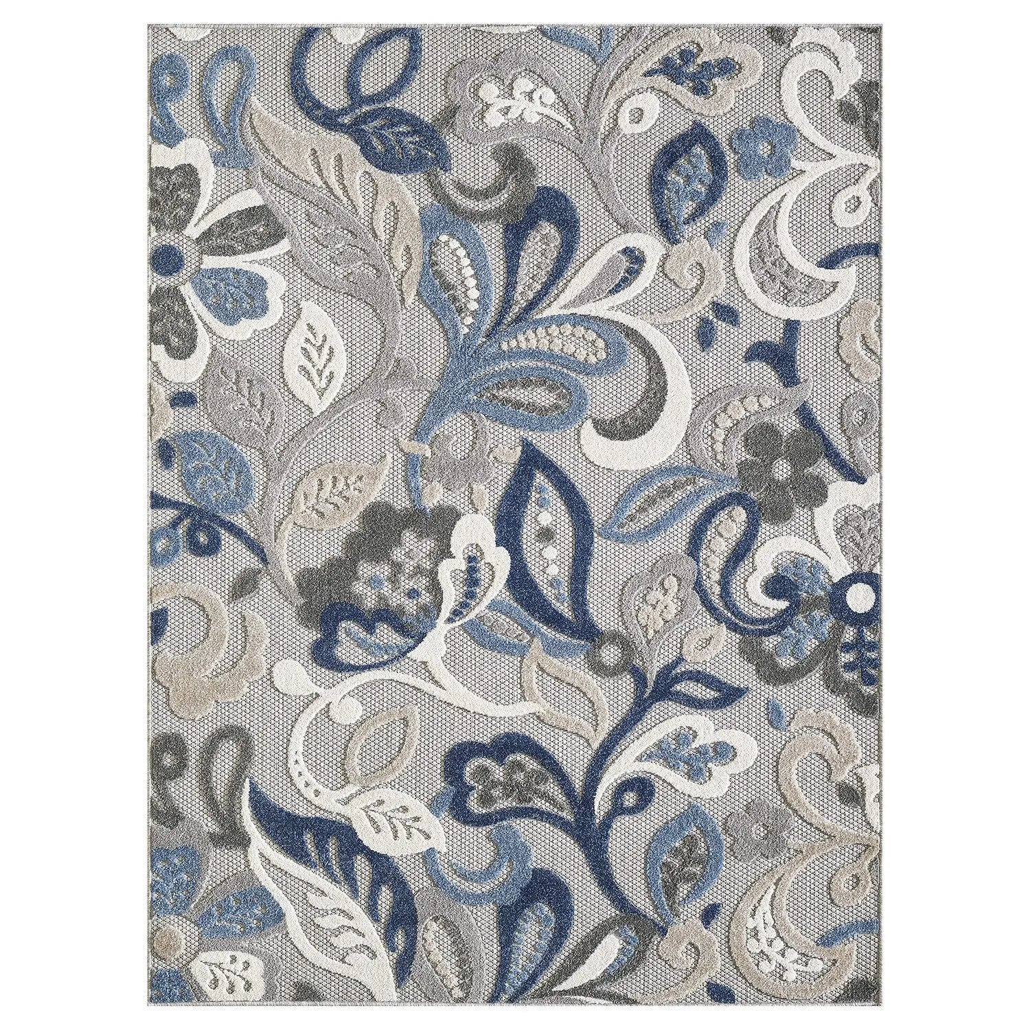 7’ X 9’ Blue Gray Jacobean Floral Indoor Outdoor Area Rug Homeroots Outdoor