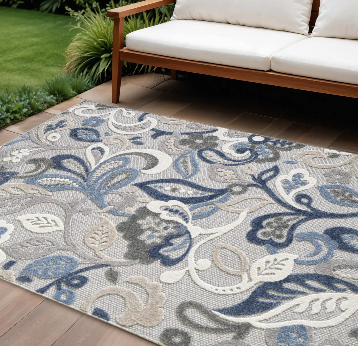 7’ X 9’ Blue Gray Jacobean Floral Indoor Outdoor Area Rug Homeroots Outdoor