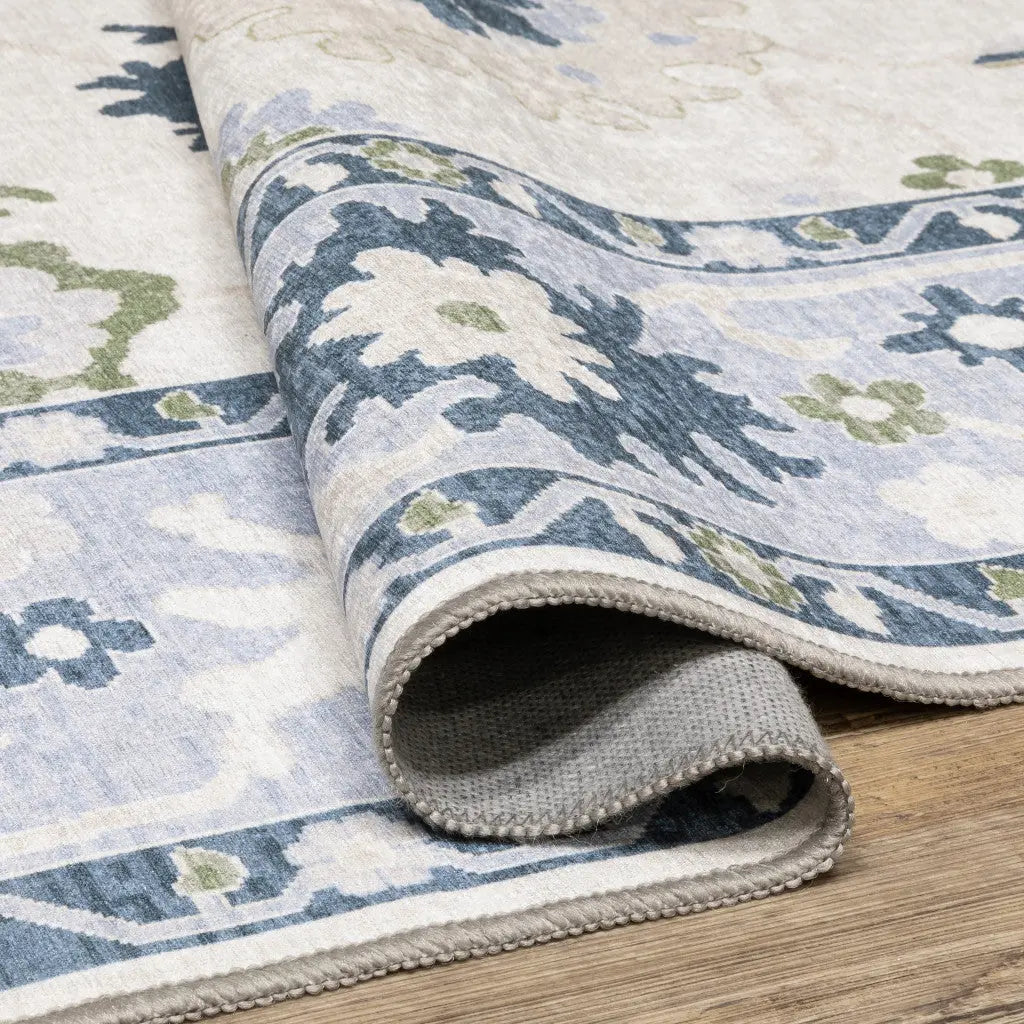 7' X 9' White And Blue Oriental Washable Area Rug Homeroots Home Decor