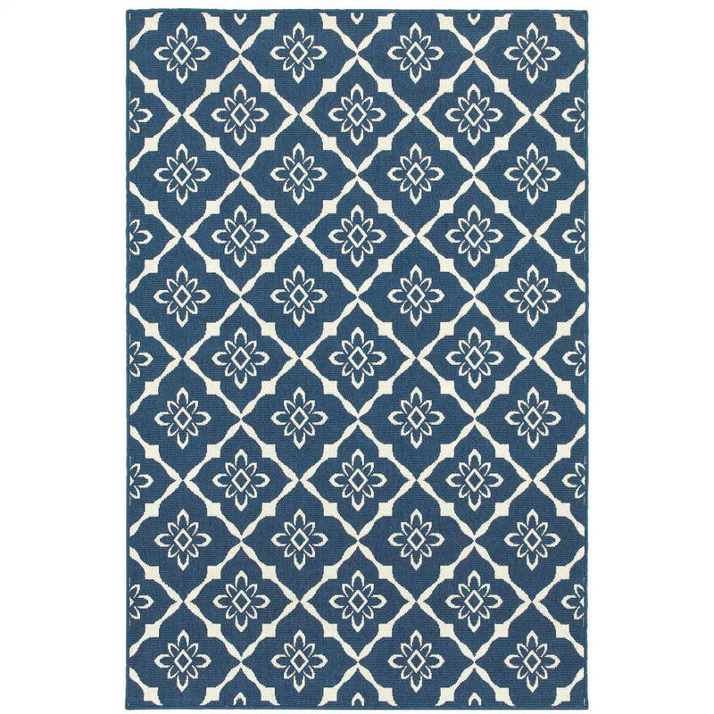 7' x 10' Blue and Ivory Floral Stain Resistant Indoor Outdoor Area Rug Homeroots Outdoor