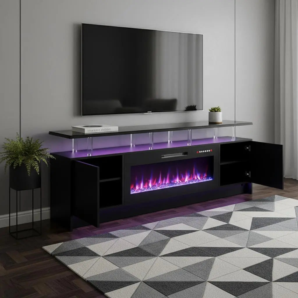 80" Black Wood Fireplace Entertainment Center With Fireplace Homeroots Living Room