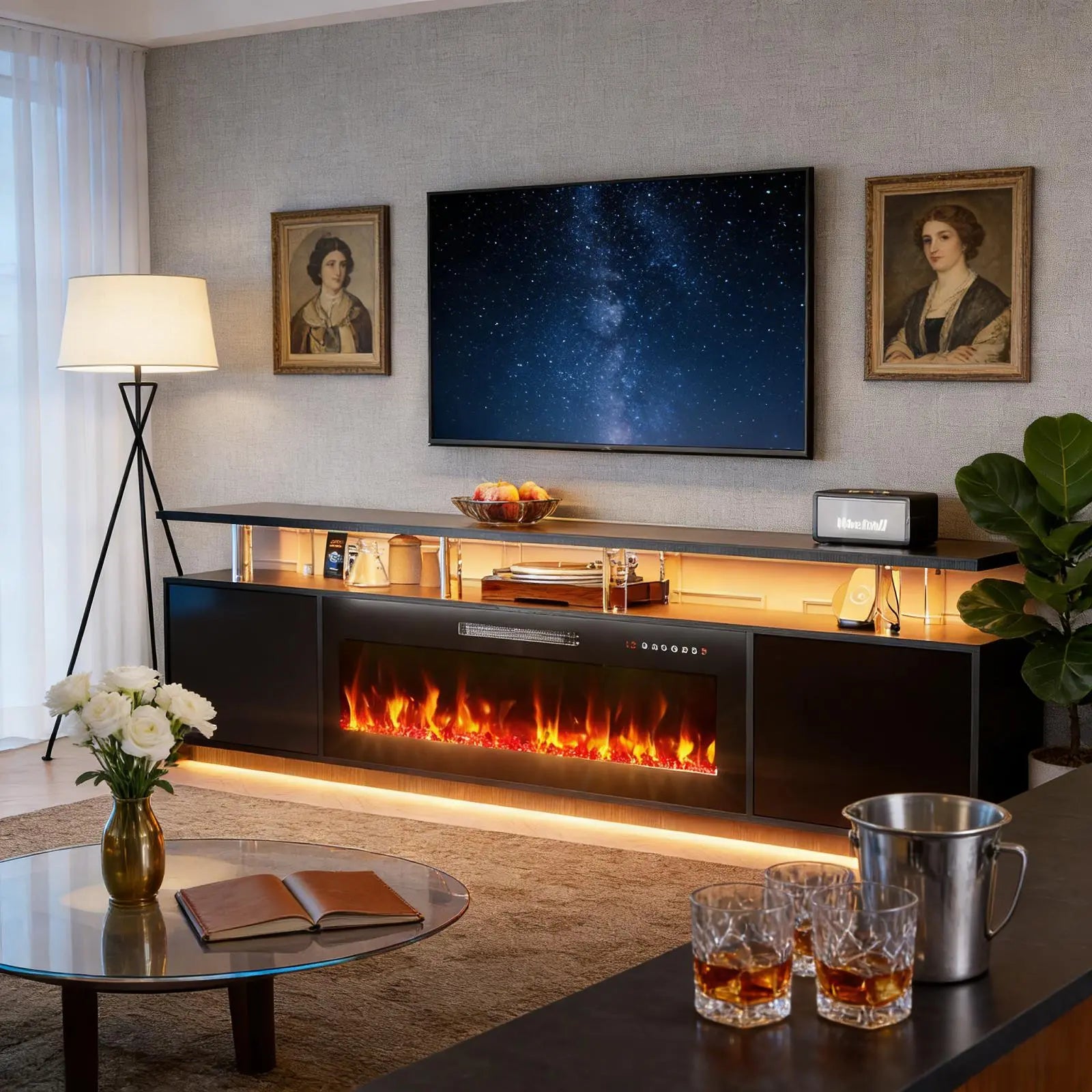 80" Black Wood Fireplace Entertainment Center With Fireplace Homeroots Living Room