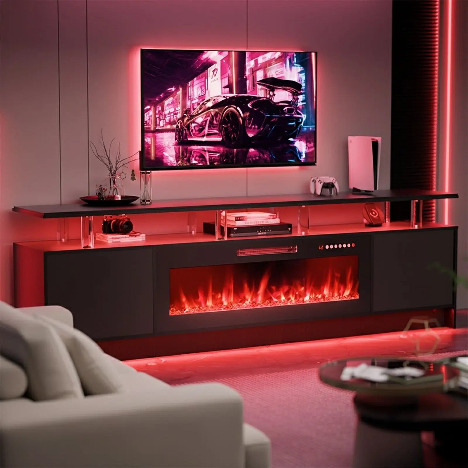 80" Black Wood Fireplace Entertainment Center With Fireplace Homeroots Living Room