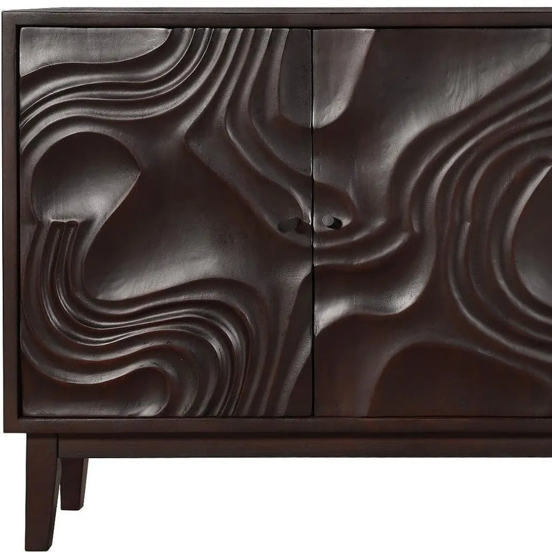 80" Dark Brown Solid Wood Carved Abstract Sideboard with Four Doors Homeroots Kitchen & Dining