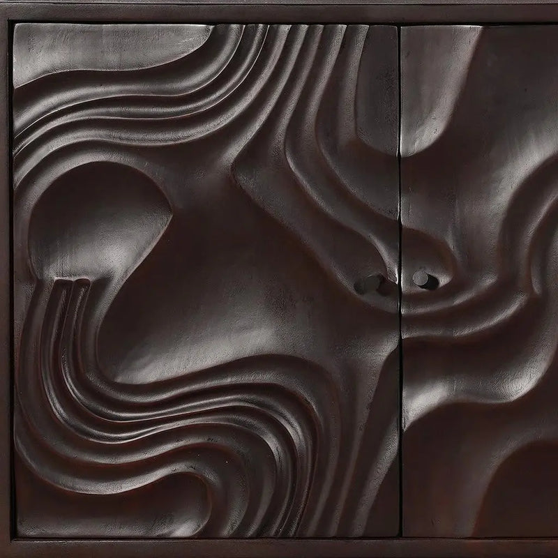 80" Dark Brown Solid Wood Carved Abstract Sideboard with Four Doors Homeroots Kitchen & Dining