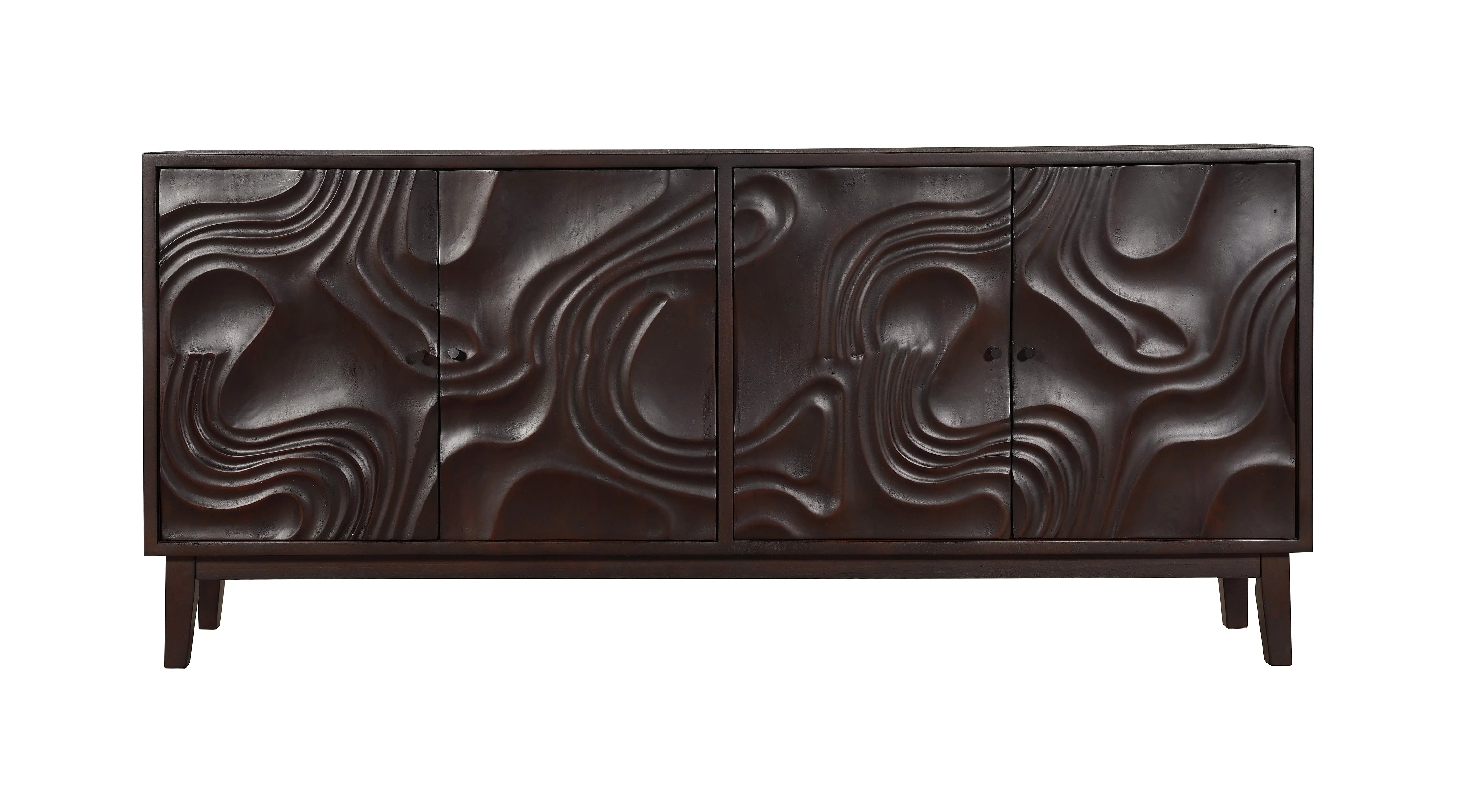 80" Dark Brown Solid Wood Carved Abstract Sideboard with Four Doors Homeroots Kitchen & Dining