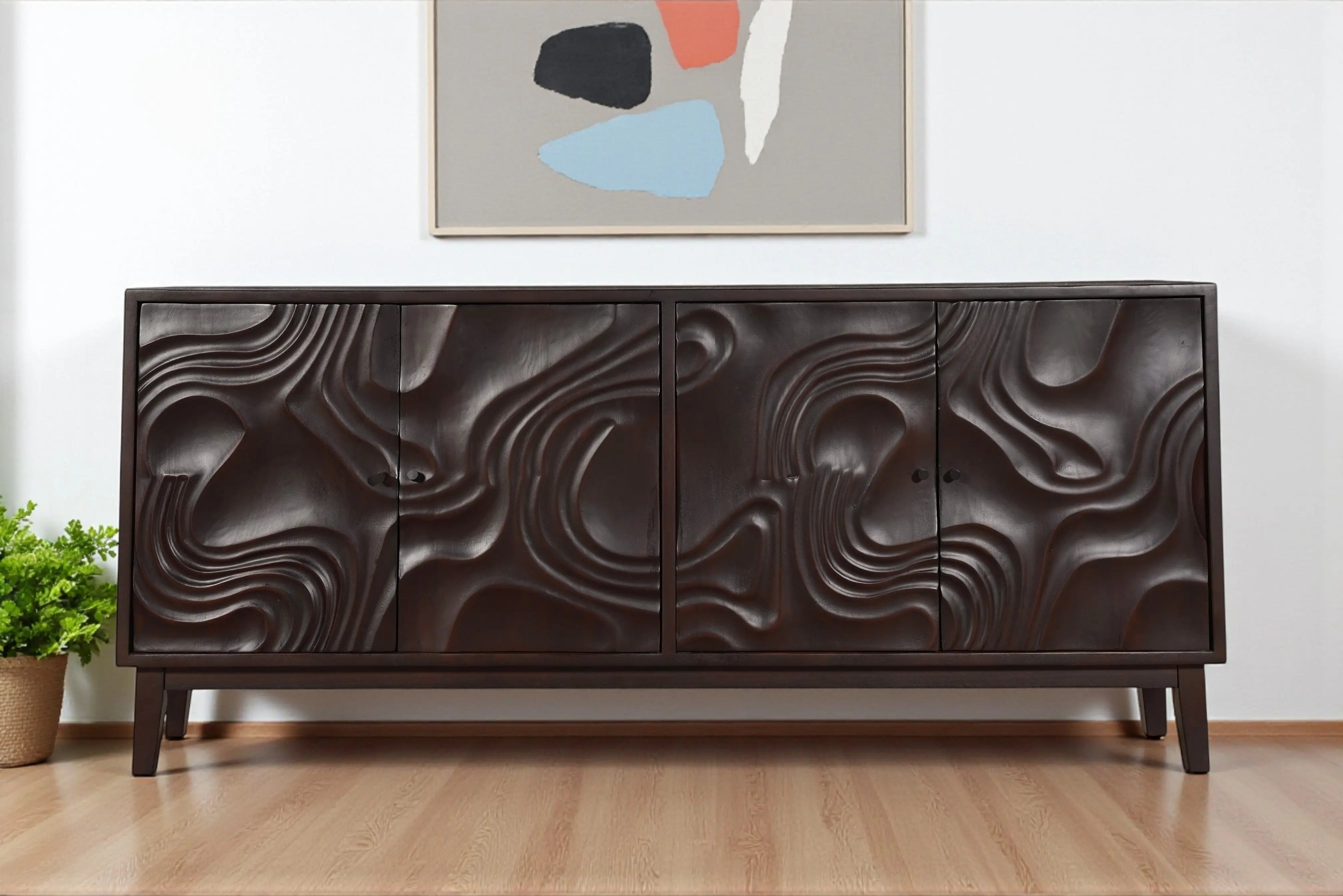 80" Dark Brown Solid Wood Carved Abstract Sideboard with Four Doors - GreatEagleInc