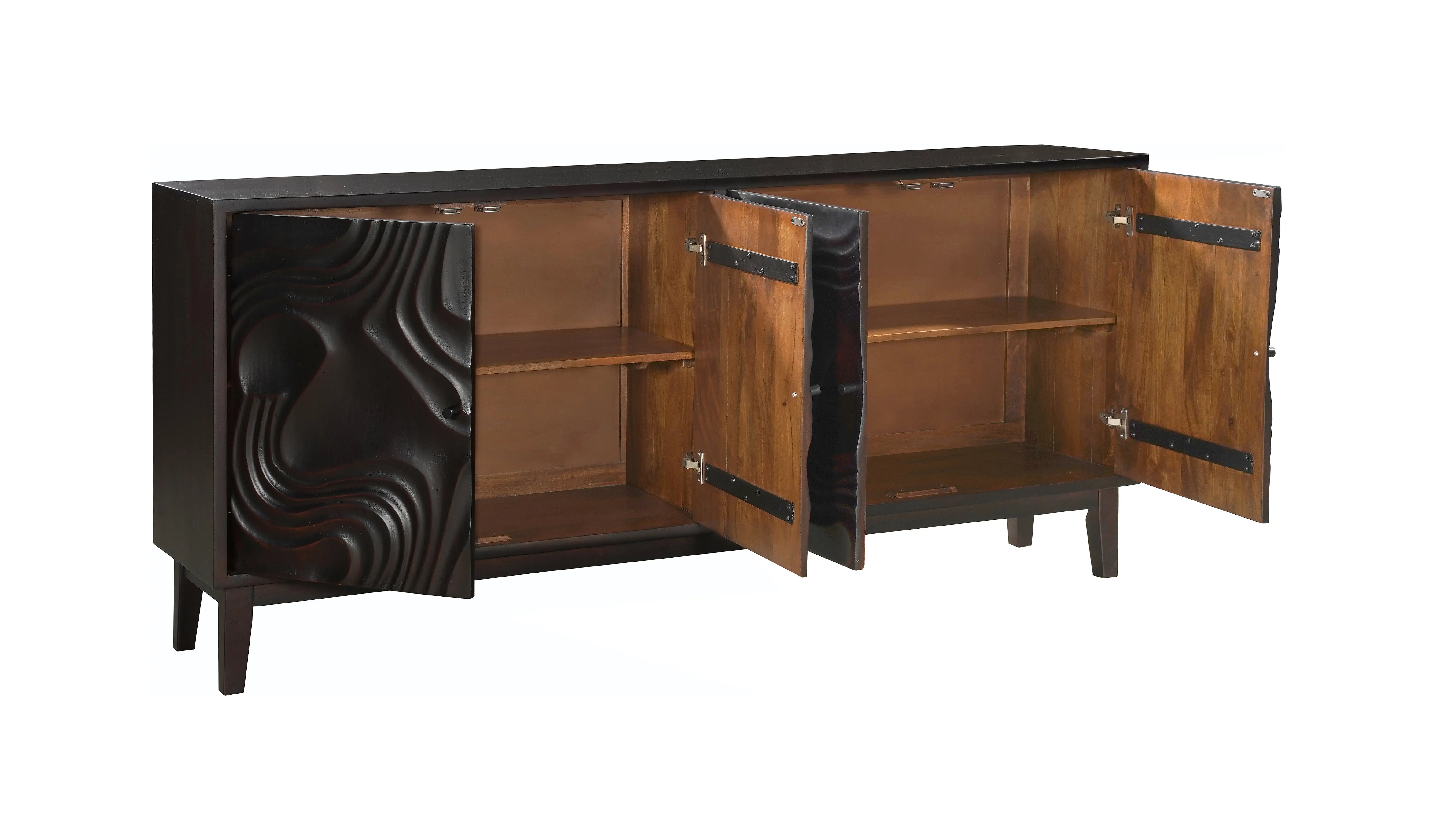 80" Dark Brown Solid Wood Carved Abstract Sideboard with Four Doors Homeroots Kitchen & Dining