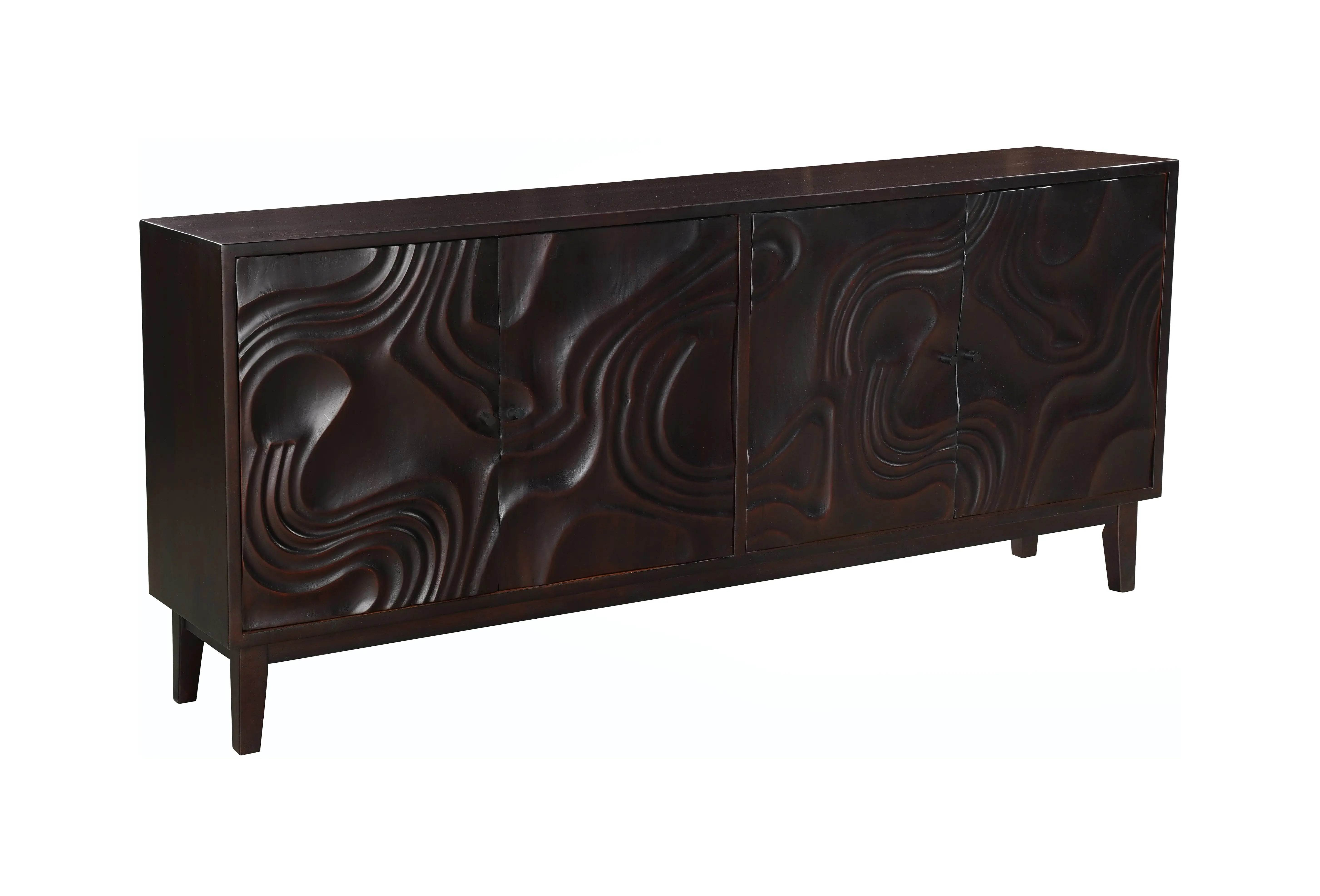 80" Dark Brown Solid Wood Carved Abstract Sideboard with Four Doors Homeroots Kitchen & Dining