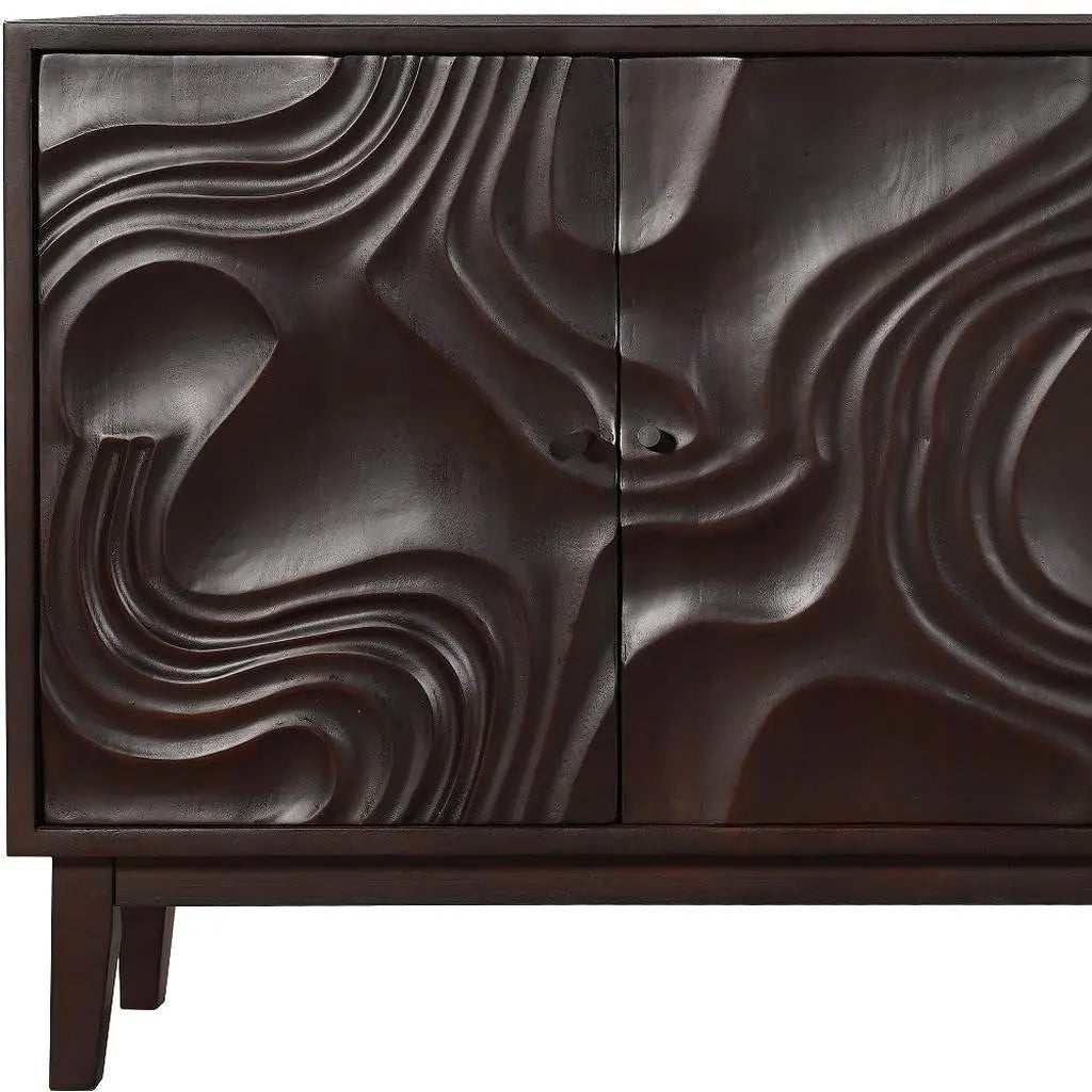 80" Dark Brown Solid Wood Carved Abstract Sideboard with Four Doors Homeroots Kitchen & Dining