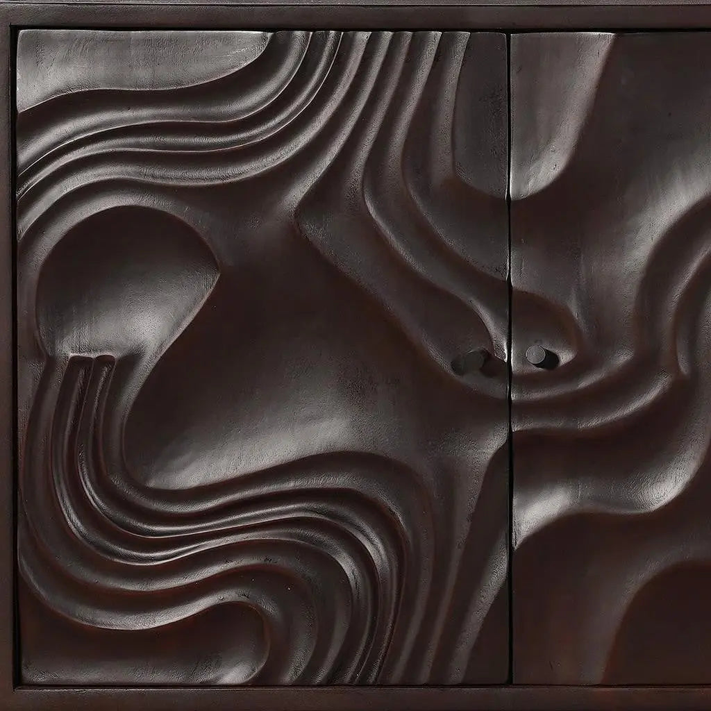 80" Dark Brown Solid Wood Carved Abstract Sideboard with Four Doors Homeroots Kitchen & Dining