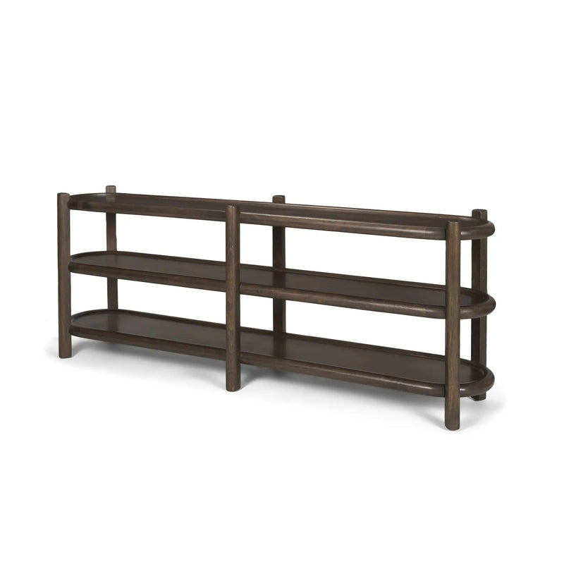 80" Dark Brown Solid Wood Oval Six Leg Console Table With Two Shelves Homeroots Living Room
