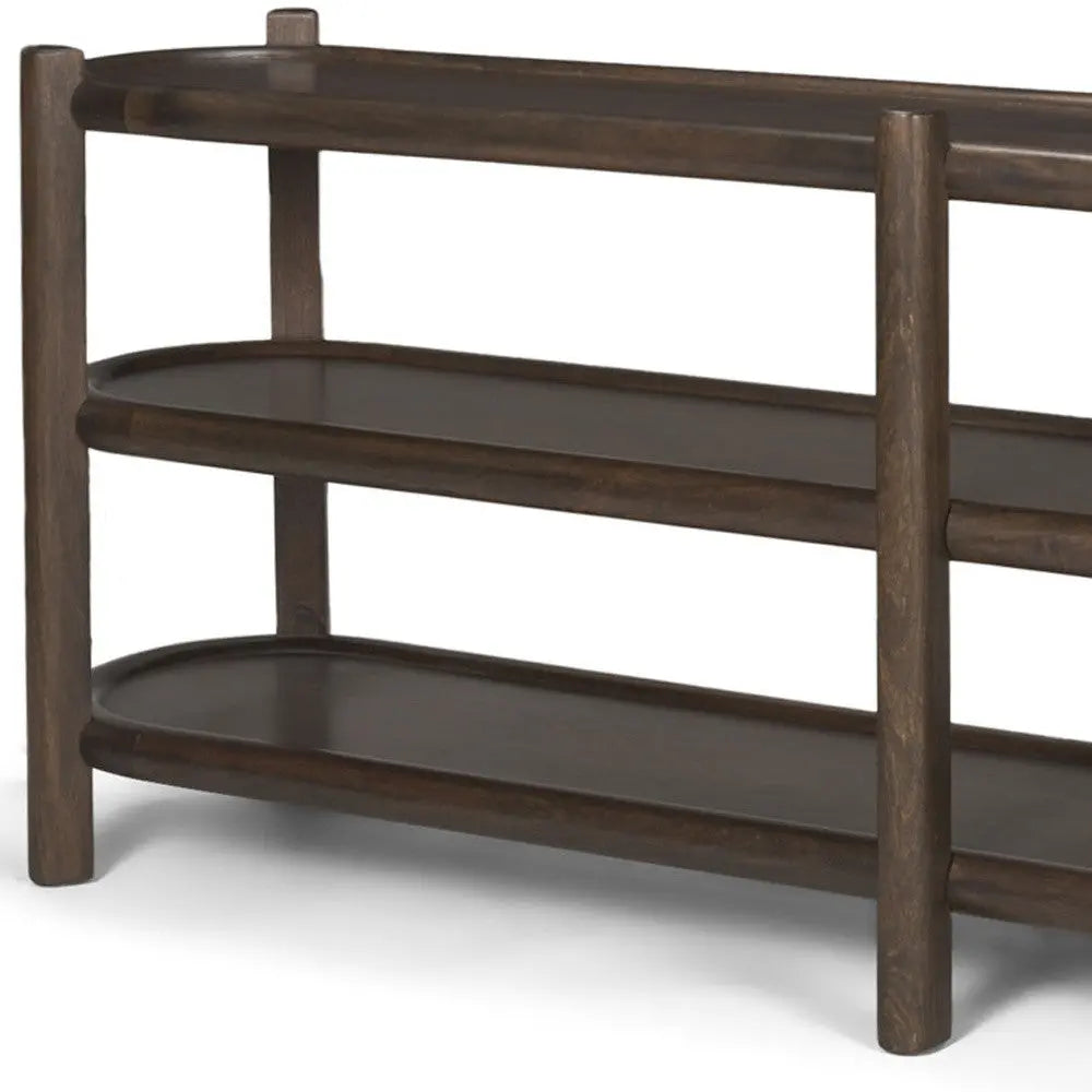 80" Dark Brown Solid Wood Oval Six Leg Console Table With Two Shelves Homeroots Living Room