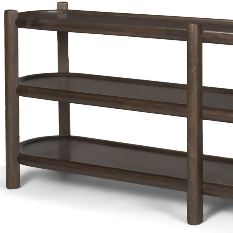 80" Dark Brown Solid Wood Oval Six Leg Console Table With Two Shelves Homeroots Living Room