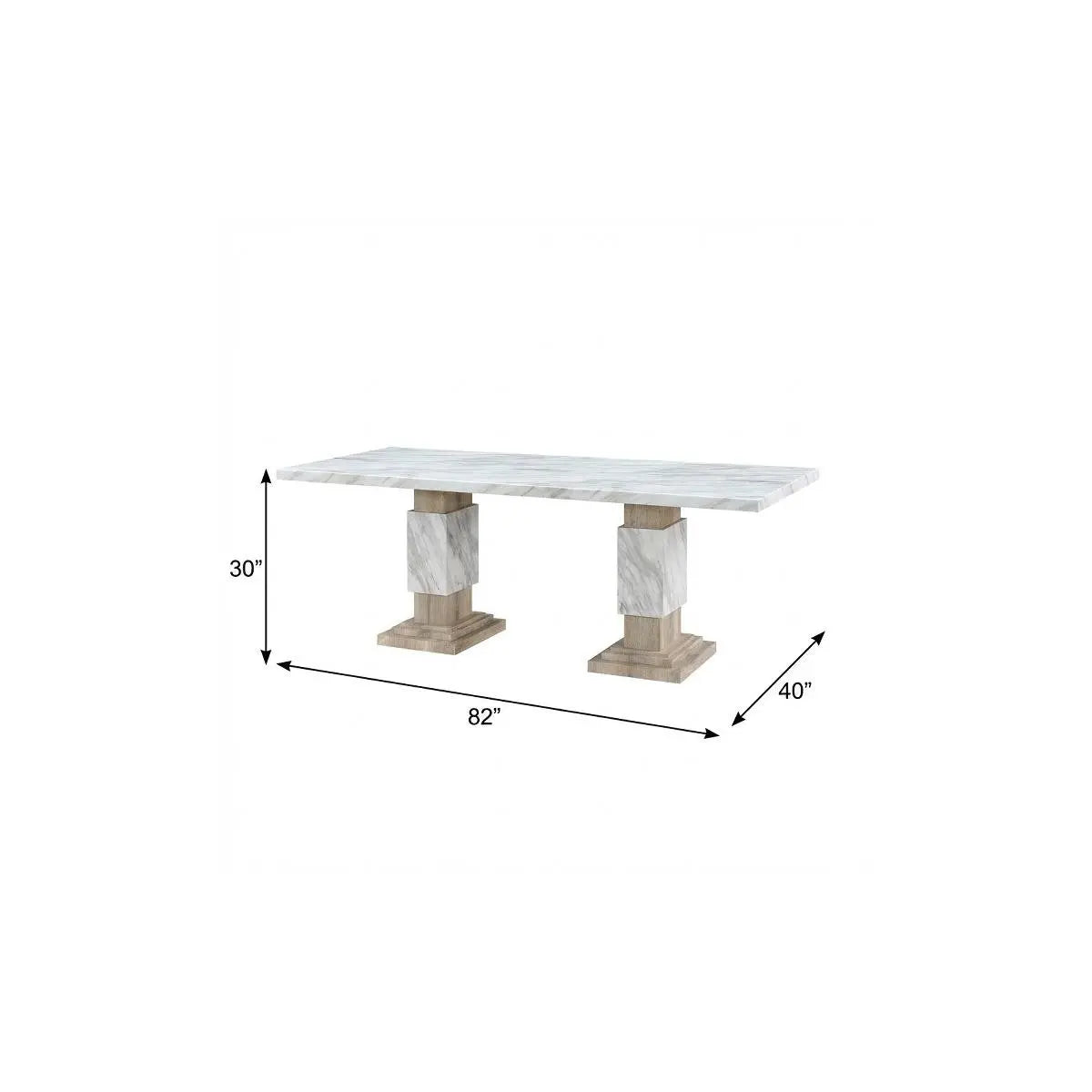 82" White and Natural Faux Marble and Wood Double Pedestal Base Dining Table Homeroots Kitchen & Dining