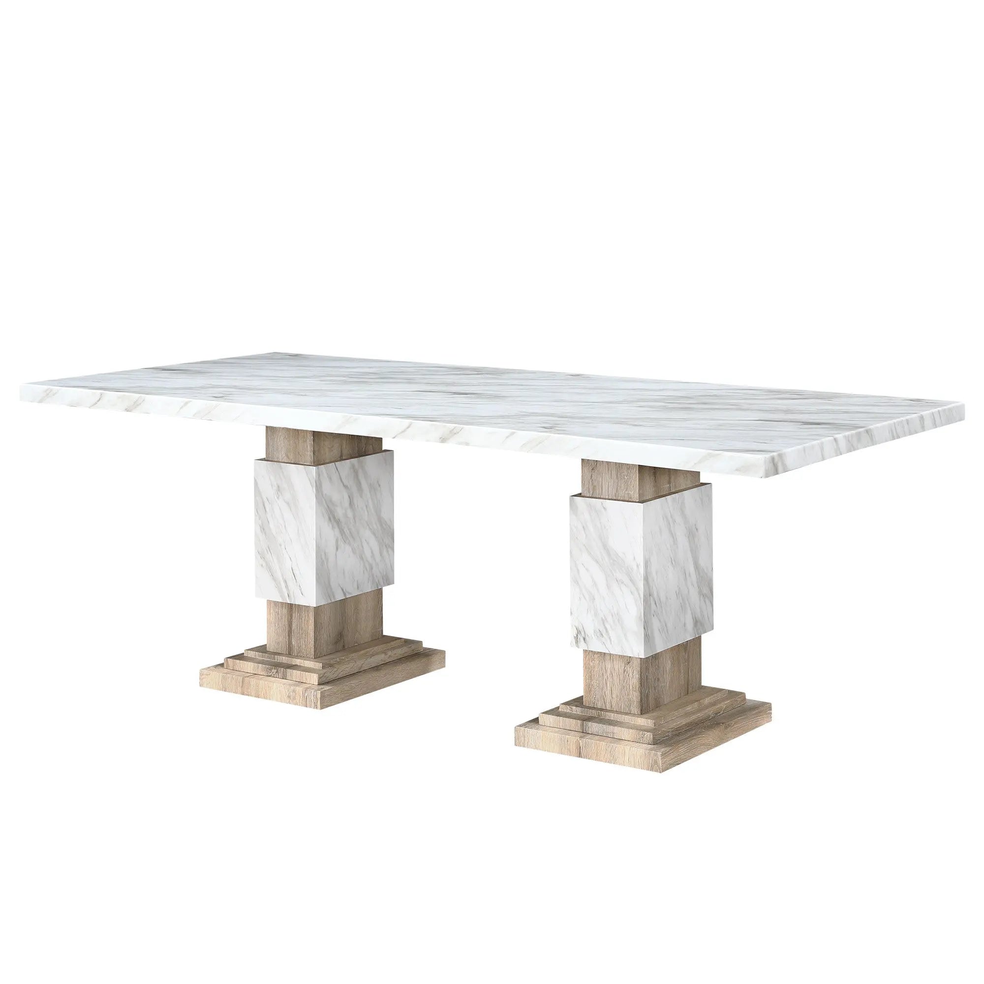 82" White and Natural Faux Marble and Wood Double Pedestal Base Dining Table Homeroots Kitchen & Dining