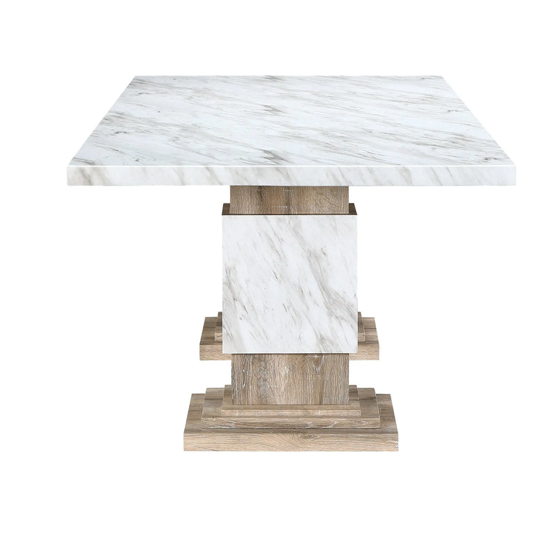 82" White and Natural Faux Marble and Wood Double Pedestal Base Dining Table Homeroots Kitchen & Dining