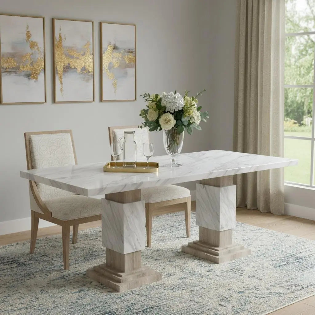 82" White and Natural Faux Marble and Wood Double Pedestal Base Dining Table Homeroots Kitchen & Dining