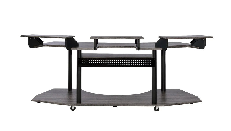 Modern black and gray mobile workstation with multiple shelves and a sleek design, perfect for home or office use.